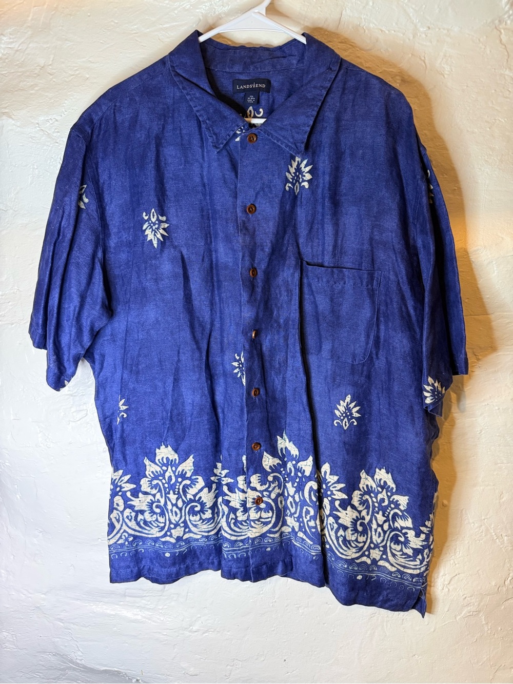 Lands' End Blue Short-Sleeve Button-Down Shirt with White Border Print
